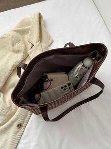 Large Capacity Minimalist Plaid Tote Bag With Rivet Trim For Women - Coffee Brown - View 5