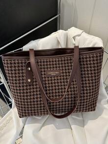 Large Capacity Minimalist Plaid Tote Bag With Rivet Trim For Women - Coffee Brown - View 7