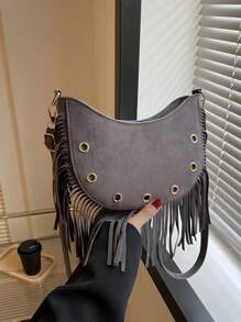 1pc Vintage Fringe Decorated Women's Crossbody Bag - Grey - View 2