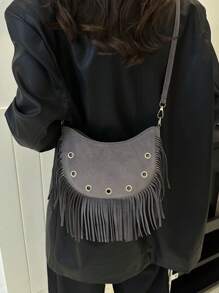 1pc Vintage Fringe Decorated Women's Crossbody Bag - Grey - View 4
