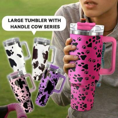 40OZ Any Zoo Cow Pattern Car Tumbler With Handle Straw And Lid, Large Capacity Stainless Steel Insulated Cup, Travel Coffee Mug, Sports Water Bottle, Birthday Gift, Mother's Day Gift