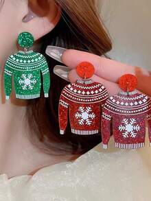 European And American Style Fashionable, Versatile Christmas Snowflake Sweater Earrings With Cute Printed Design; Exaggerated Geometric 3d Acrylic Dangling Earrings For Women - Green - View 5