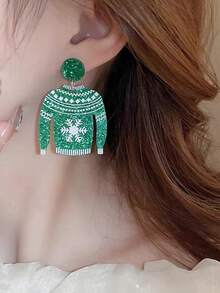 European And American Style Fashionable, Versatile Christmas Snowflake Sweater Earrings With Cute Printed Design; Exaggerated Geometric 3d Acrylic Dangling Earrings For Women - Green - View 2
