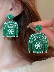 European And American Style Fashionable, Versatile Christmas Snowflake Sweater Earrings With Cute Printed Design; Exaggerated Geometric 3d Acrylic Dangling Earrings For Women - Green - View 1