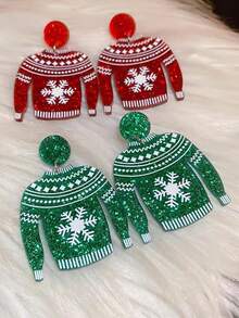 European And American Style Fashionable, Versatile Christmas Snowflake Sweater Earrings With Cute Printed Design; Exaggerated Geometric 3d Acrylic Dangling Earrings For Women - Green - View 4