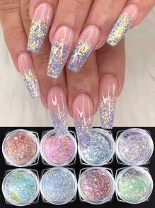 Iridescent Nail Glitter Powder Set, 8Pcs Mermaid Nail Art Glitter Kit, Blue Violet Mermaid Sequins, Crystal Fire Opal Flakes, Holografic Nail Pigment For Manicure DIY Nail Charms Nail Gems Nail Supplies - Multicolor - View 1