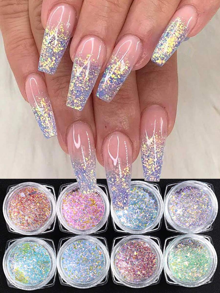 Iridescent Nail Glitter Powder Set, 8Pcs Mermaid Nail Art Glitter Kit, Blue Violet Mermaid Sequins, Crystal Fire Opal Flakes, Holografic Nail Pigment For Manicure DIY Nail Charms Nail Gems Nail Supplies - Multicolor - View 1