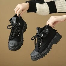 女士復古英倫風帶厚底中筒徒步靴,時尚休閒秋冬工作靴