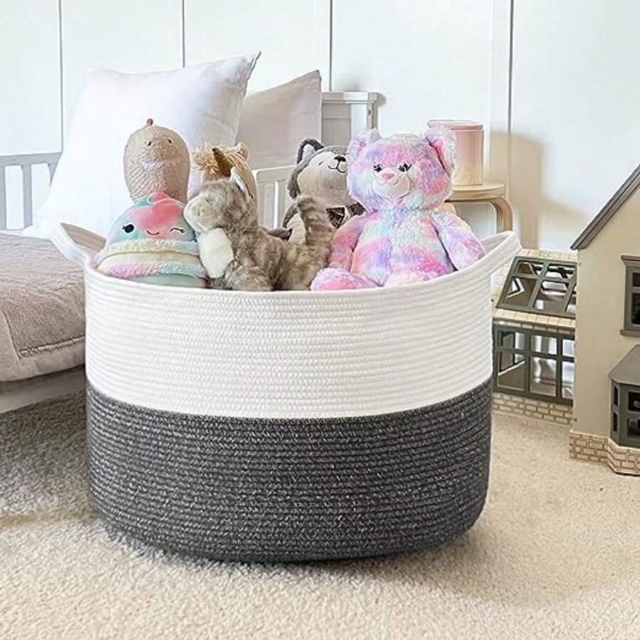 1個超大型洗衣籃玩具收納籃-客廳毯子籃-編織籃(深灰色) - 深灰色 - 查看 1