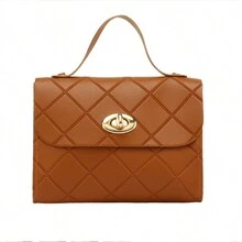 1pc Brown Geometric Embossed Flap Square Handbag For Women - Coffee Brown - View 1