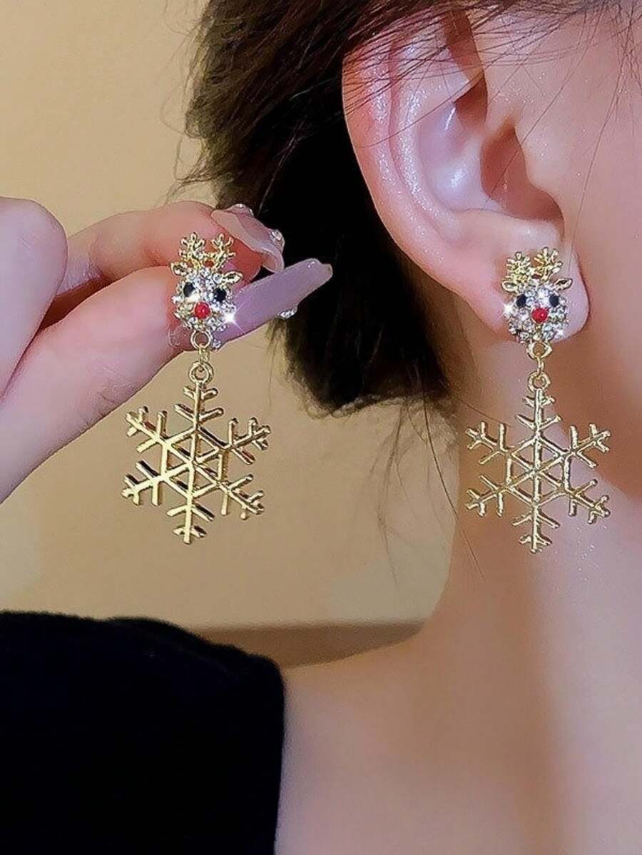 Christmas Deer Snowflake Rhinestone Earrings Exquisite Christmas Gift - Gold - View 1