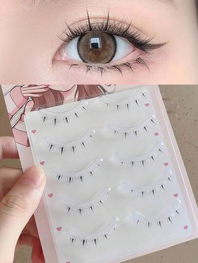 5 对/套 4-6 毫米长度全条假睫毛，自然外观，卷曲，柔软轻盈，交叉，浓密，可重复使用，适合日常和工作化妆，便携，无刺激，适合所有场合，漫画睫毛，日本化妆浓密自然纤细睫毛延长，亚洲韩国角色扮演动漫假睫毛化妆工具