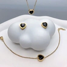 4入組/套秋冬時尚女性金色不鏽鋼心形&黑色項鍊手鐲耳環套裝,適用於生日、聖誕、萬聖節、約會、舞會、體操裝飾 - 黑色 - 查看 5