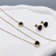 4入組/套秋冬時尚女性金色不鏽鋼心形&黑色項鍊手鐲耳環套裝,適用於生日、聖誕、萬聖節、約會、舞會、體操裝飾 - 黑色 - 查看 3
