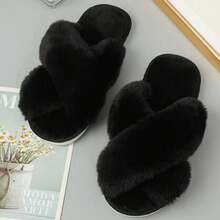 Womens & Girls Slippers Ladies Fluffy Plush House Slippers Cozy Open Toe Fur Sliders Warm Sandals Indoor Winter - màu đen - Xem 4