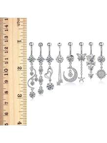 8-teiliges Set mit stilvollen 14G Silber Bauchnabelringen mit baumelnden Charms, 316L Chirurgenstahl und kubischem Zirkonia Nabelpiercing, modischer Körperschmuck für Frauen und Mädchen