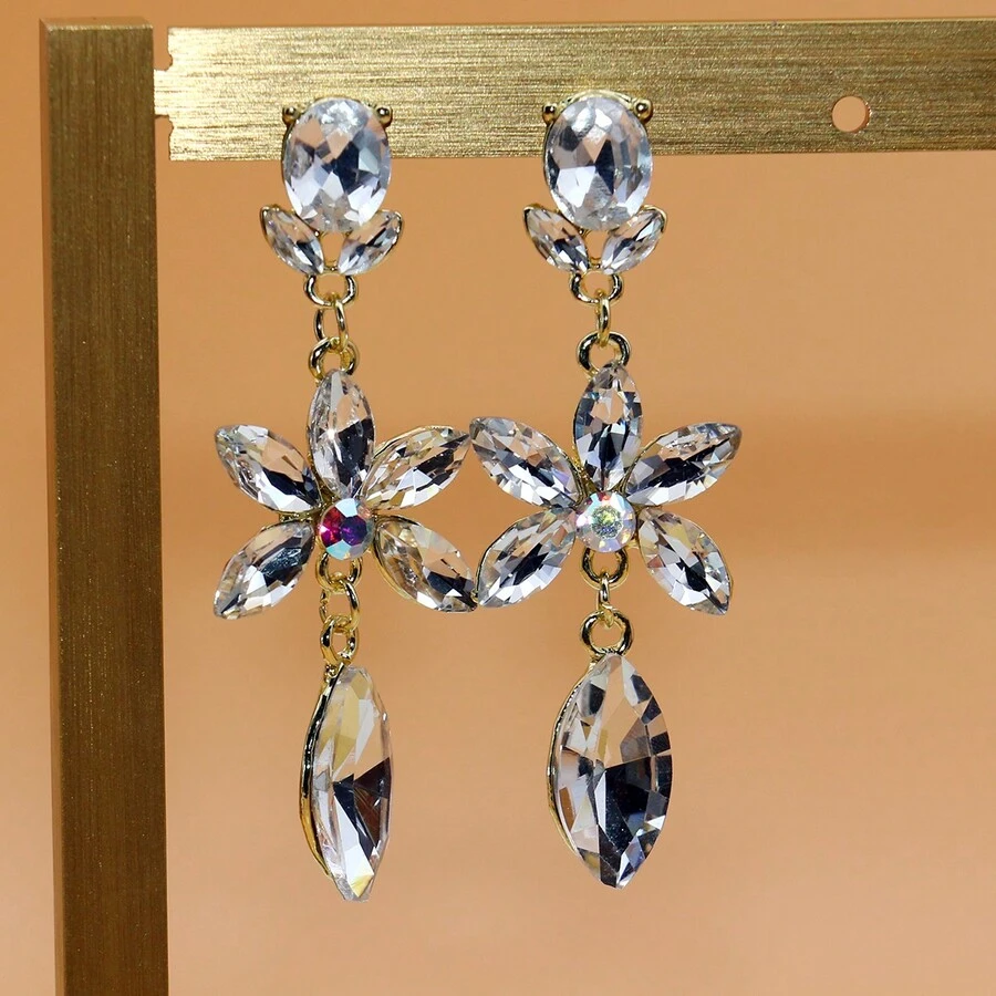 時尚優雅的黃金鍍白色水晶耳釘,鑲有水晶鑽石 - 白色 - 查看 1