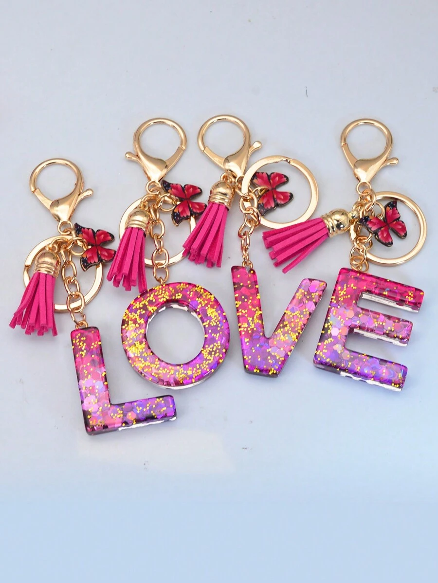 1pc Rose Glitter English Letter Keychain - Multicolor - View 1