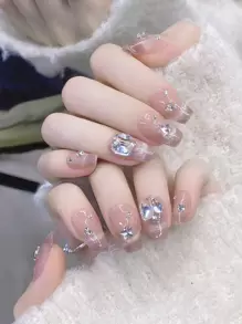 10入組手工壓合指甲,尺寸m,閃爍漸變3d多重裝飾鑲嵌假指甲,適用於女性和女孩 - 彩色 - 查看 4