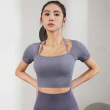 Haut Court De Yoga Court Pour Femmes, T-shirt Moulant À Manches Courtes Avec Coussinet De Poitrine Pour L'entraînement De Course À Pied, De Fitness, Printemps Et Été - Gris - Voir 2