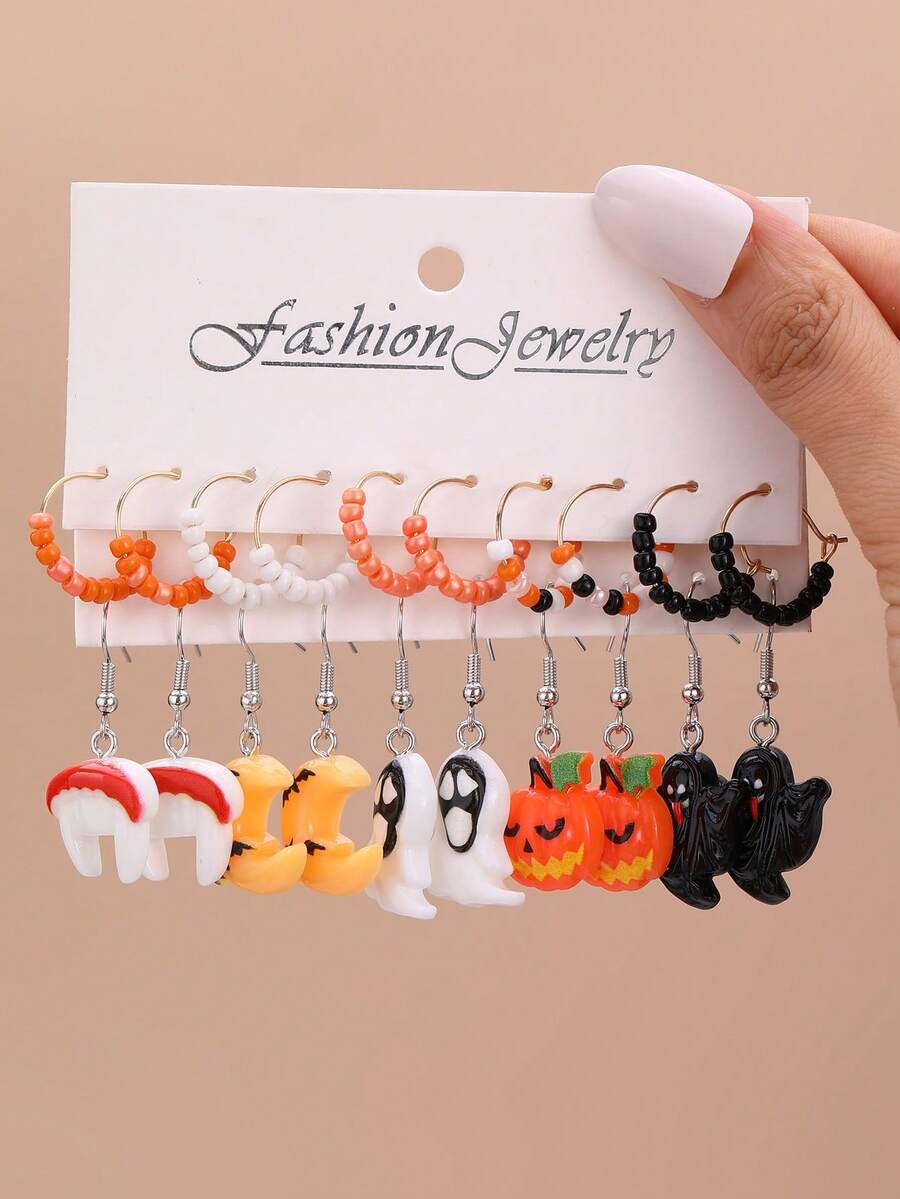 Juego De Aretes Con Forma De Diente, Fantasma Y Calabaza De Halloween De 20 Piezas Para Niños - Multicolor - Ver 1