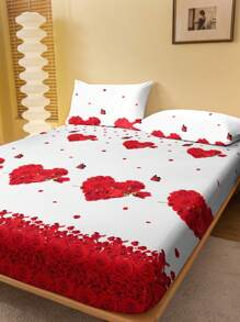 1pc Fashionable Simple Style Rose, Heart & Butterfly Printed Brushed Fitted Sheet, Dustproof, Bedroom Home Textile Bedding