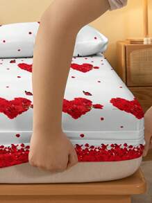 1pc Fashionable Simple Style Rose, Heart & Butterfly Printed Brushed Fitted Sheet, Dustproof, Bedroom Home Textile Bedding