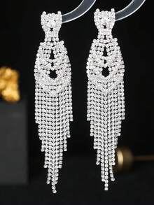 2 Piezas Aretes Elegantes Estilo Largo Con Borlas - Plateado - Ver 2