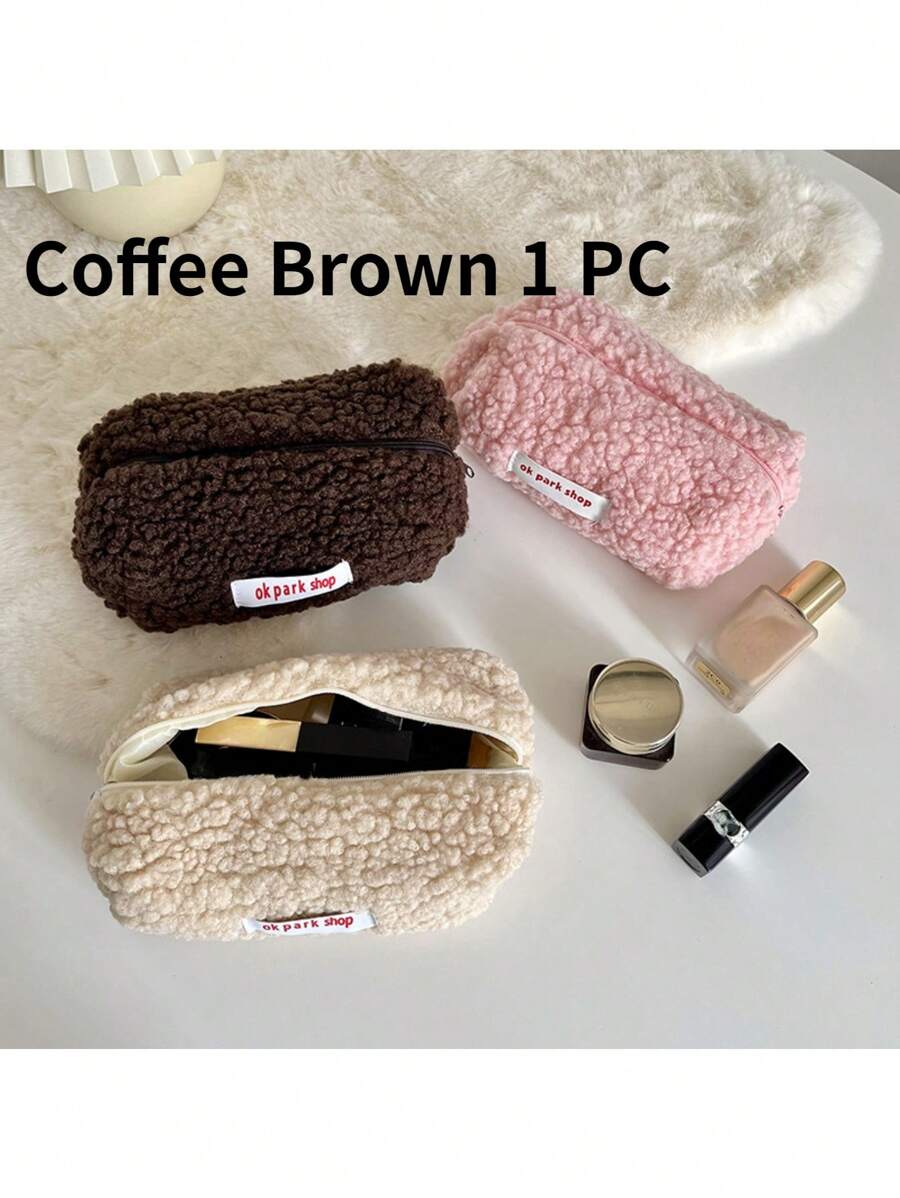 1 件毛絨化妝包洗漱包收納袋零錢包鉛筆盒收納袋零錢包手提包大容量夏爾巴人適合大學宿舍旅行字母圖案女士教師禮物媽媽宿舍必需品