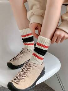 1對情侶厚條紋高筒運動襪,帶有毛巾底部,適用於秋冬季 - 彩色 - 查看 1