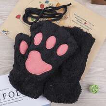1pair Cute Cartoon Cat Paw Design Fingerless Gloves, Suitable For Daily Use