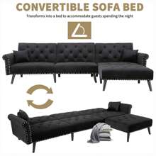 Convertible Sectional Couch With Chaise Lounge For Living Room, Comfy Velvet Fabric L-Shaped Reversible Reclining Sofa With 3 Seats And Pillows, For Apartment And Spaces - màu đen - Xem 2