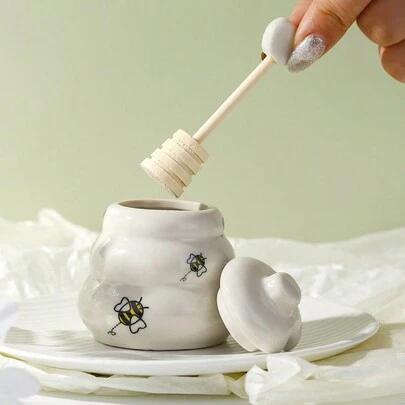 单个透明礼盒包装陶瓷蜂蜜罐配木勺和蜜蜂图案陶瓷糖罐，可作为结婚礼物或圣诞礼物