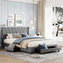 Queen Size Bed Frame with 3 Drawers, Linen Upholstered Platform Storage Bed with Headboard, Modern Style Solid Wooden Slats Support, No Box Spring Needed - Grey - View 1