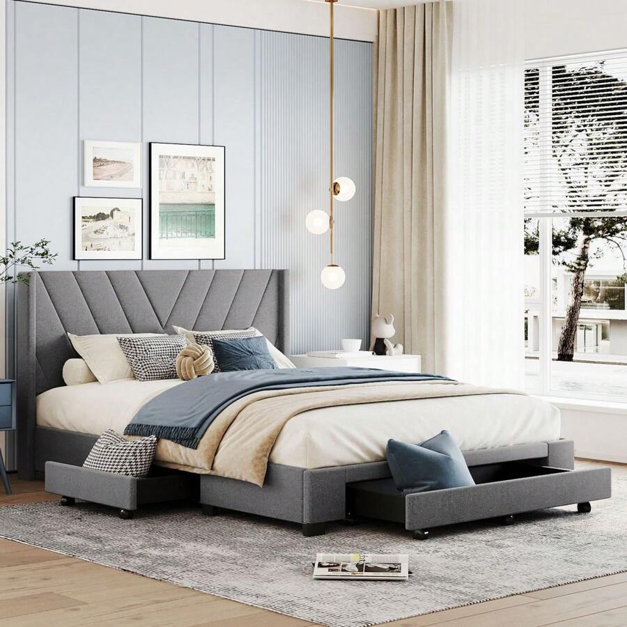 Queen Size Bed Frame with 3 Drawers, Linen Upholstered Platform Storage Bed with Headboard, Modern Style Solid Wooden Slats Support, No Box Spring Needed - Grey - View 1