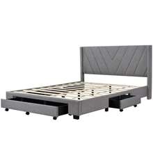 Queen Size Bed Frame with 3 Drawers, Linen Upholstered Platform Storage Bed with Headboard, Modern Style Solid Wooden Slats Support, No Box Spring Needed - Grey - View 4