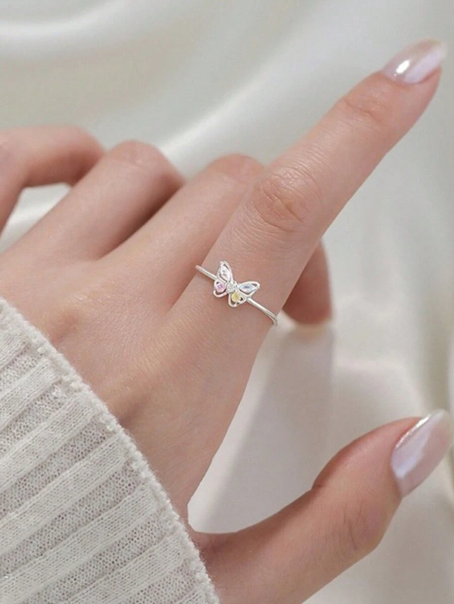 1pc Cute Butterfly Adjustable Ring For Girls, Do Not Adjust Forcefully As It May Break - Silver - View 1
