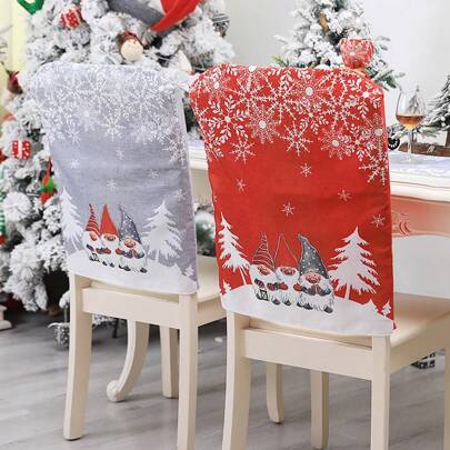 1pc, 2pcs Set 18.5in*22.44in Christmas Decor Printed Linen Christmas Chair Cover, European American Cartoon Design Red Grey Printing Foresters Man Square Christmas Back Chair Cover For Xmas Party Holiday Outdoor And Indoor