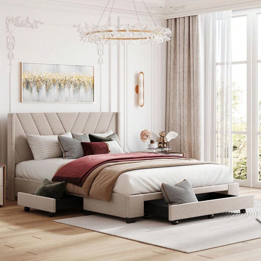 Queen Size Bed Frame with 3 Drawers, Linen Upholstered Platform Storage Bed with Headboard, Modern Style Solid Wooden Slats Support, No Box Spring Needed - Beige - View 1