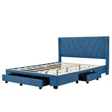 Queen Size Bed Frame with 3 Drawers, Linen Upholstered Platform Storage Bed with Headboard, Modern Style Solid Wooden Slats Support, No Box Spring Needed - Blue - View 4