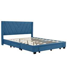 Queen Size Bed Frame with 3 Drawers, Linen Upholstered Platform Storage Bed with Headboard, Modern Style Solid Wooden Slats Support, No Box Spring Needed - Blue - View 3