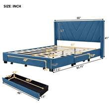 Queen Size Bed Frame with 3 Drawers, Linen Upholstered Platform Storage Bed with Headboard, Modern Style Solid Wooden Slats Support, No Box Spring Needed - Blue - View 7