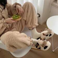 Cow Slippers For Women Fuzzy Plush Animal Slippers Winter Warm Cozy House Slippers Soft Thick Sole Shoes Home Sliders For Indoor Outdoor - 白色 - 查看 6