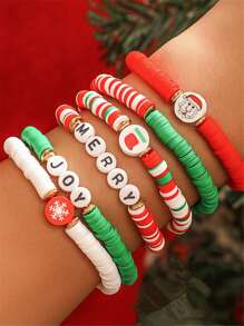 6pcs/Set Christmas Bracelet, Fashionable Rainbow Color Polymer Clay Beads, Santa Claus, Snowflake & Letter Decor Bracelet Jewelry Set, Suitable For Girls, Christmas Gift For Family, Handmade Polymer Clay Beads, Random Shapes, Sizes & Patterns - Multicolor - View 2