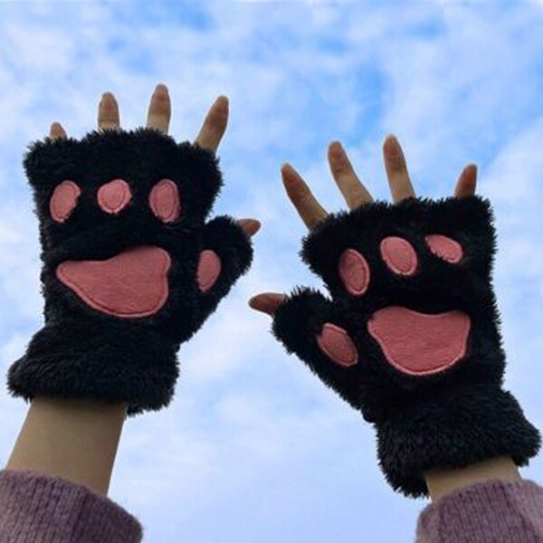1 Paire De Gants À Doigts Sans Bout Pour Un Usage Quotidien Avec Un Mignon Design De Patte De Chat Cartoon