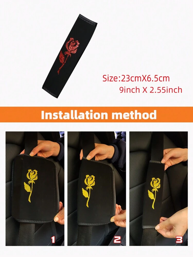 1pc Car Seat Belt Shoulder Pad With Rose Pattern, Sparkly Seat Belt Cover, Pressure Reducing, Breathable, Comfortable, For Women