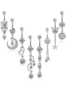 8-teiliges Set mit stilvollen 14G Silber Bauchnabelringen mit baumelnden Charms, 316L Chirurgenstahl und kubischem Zirkonia Nabelpiercing, modischer Körperschmuck für Frauen und Mädchen