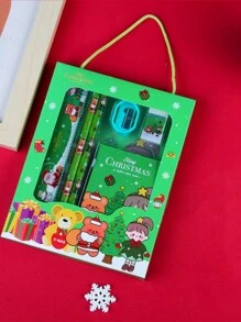 聖誕學習套裝,包含鉛筆、削鉛筆器、橡皮擦、記事本、尺子,多種顏色供您選擇 - 綠色 - 查看 1