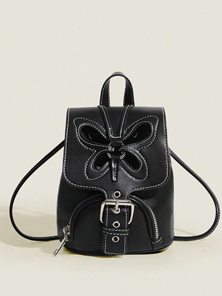 Zaino Piccolo Donna In Pelle PU Con Farfalle - Leggero, Per Shopping E Viaggi, Rosa/Bianco, Dimensioni 18x16x11 Cm
