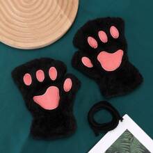 1pair Cute Cartoon Cat Paw Design Fingerless Gloves, Suitable For Daily Use